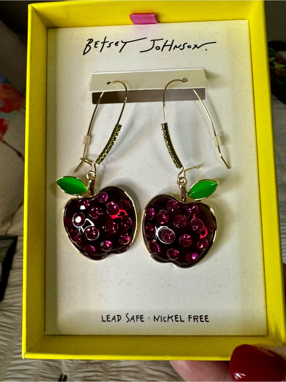 Betsey Johnson Pink Crystal Cherry Drop Earrings with Green Leaves